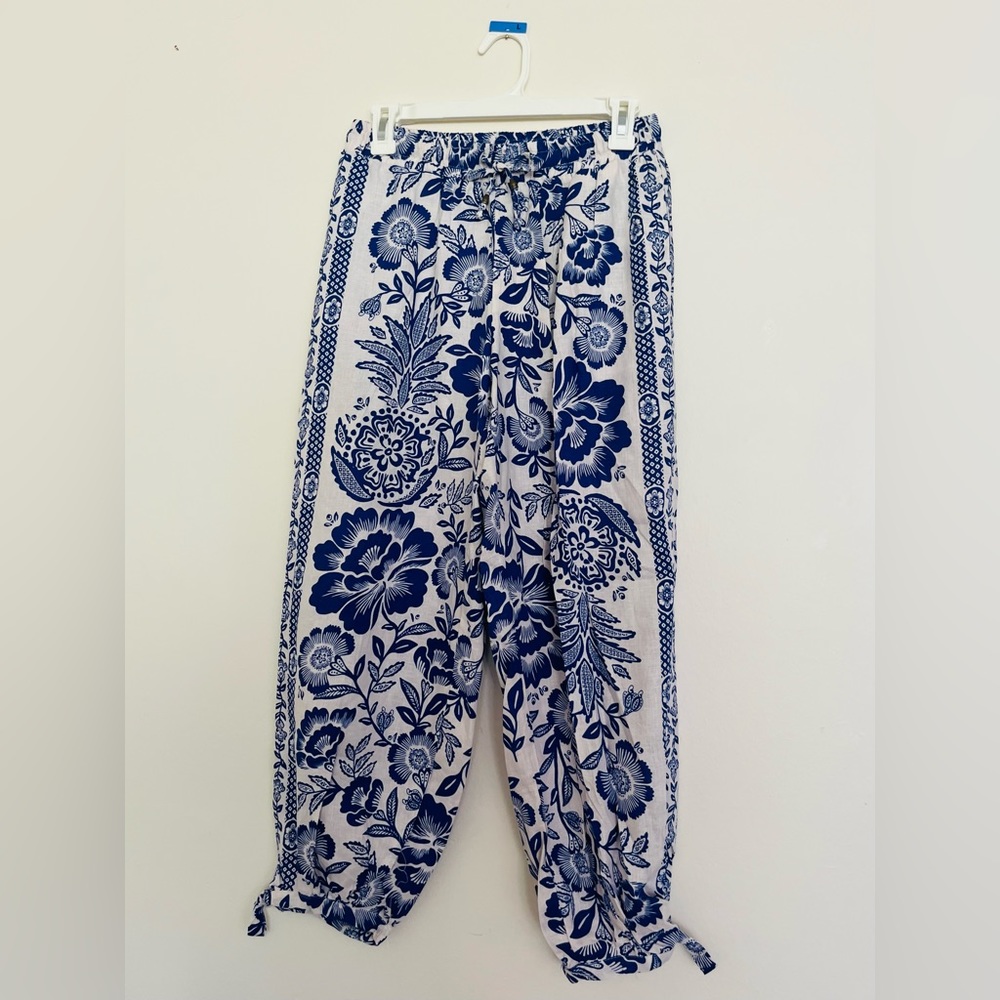 Blue and White Patterned Linen Pants